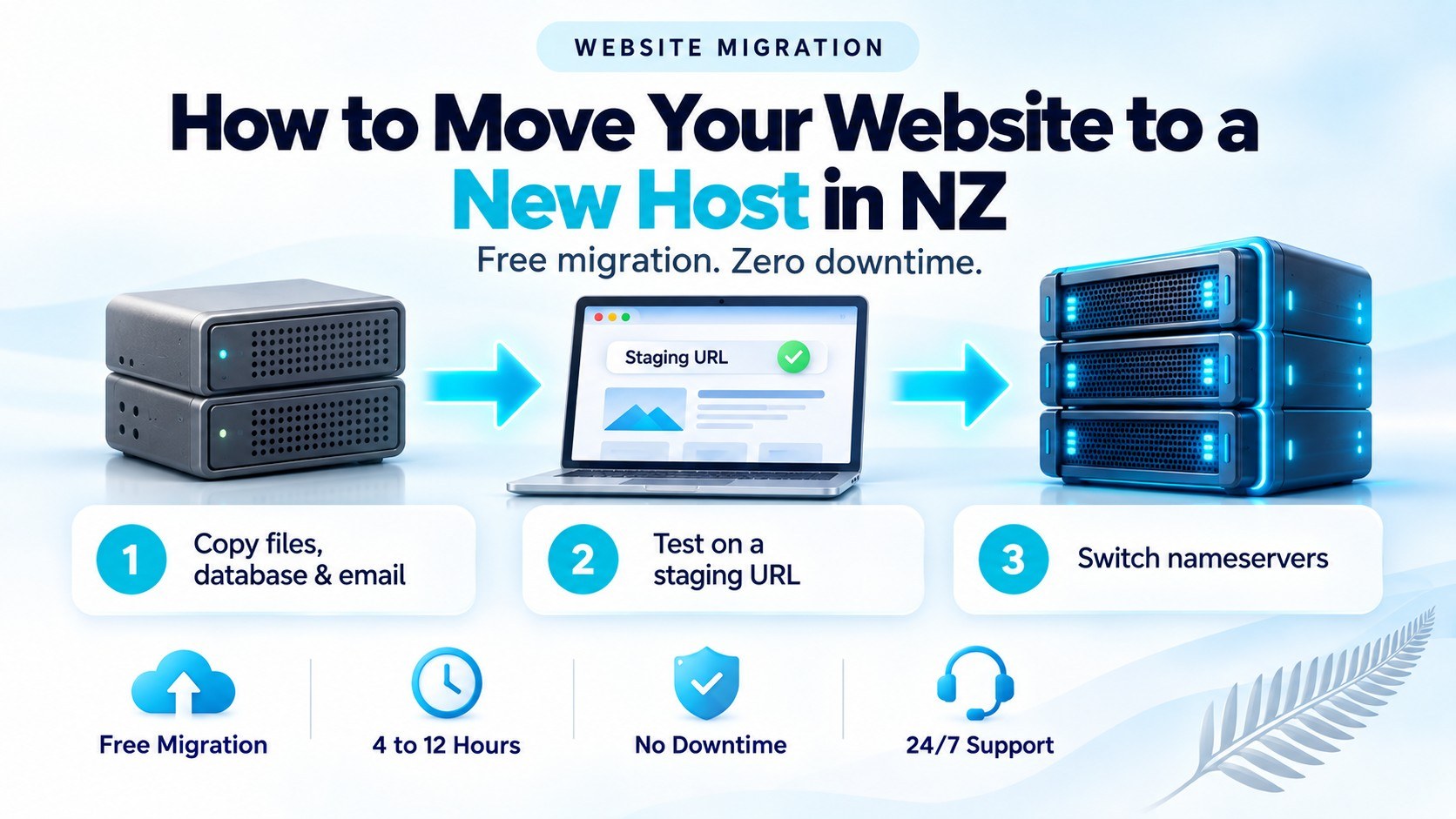 Website migration to a new host in New Zealand: copy files, test on a staging URL, then switch nameservers with no downtime