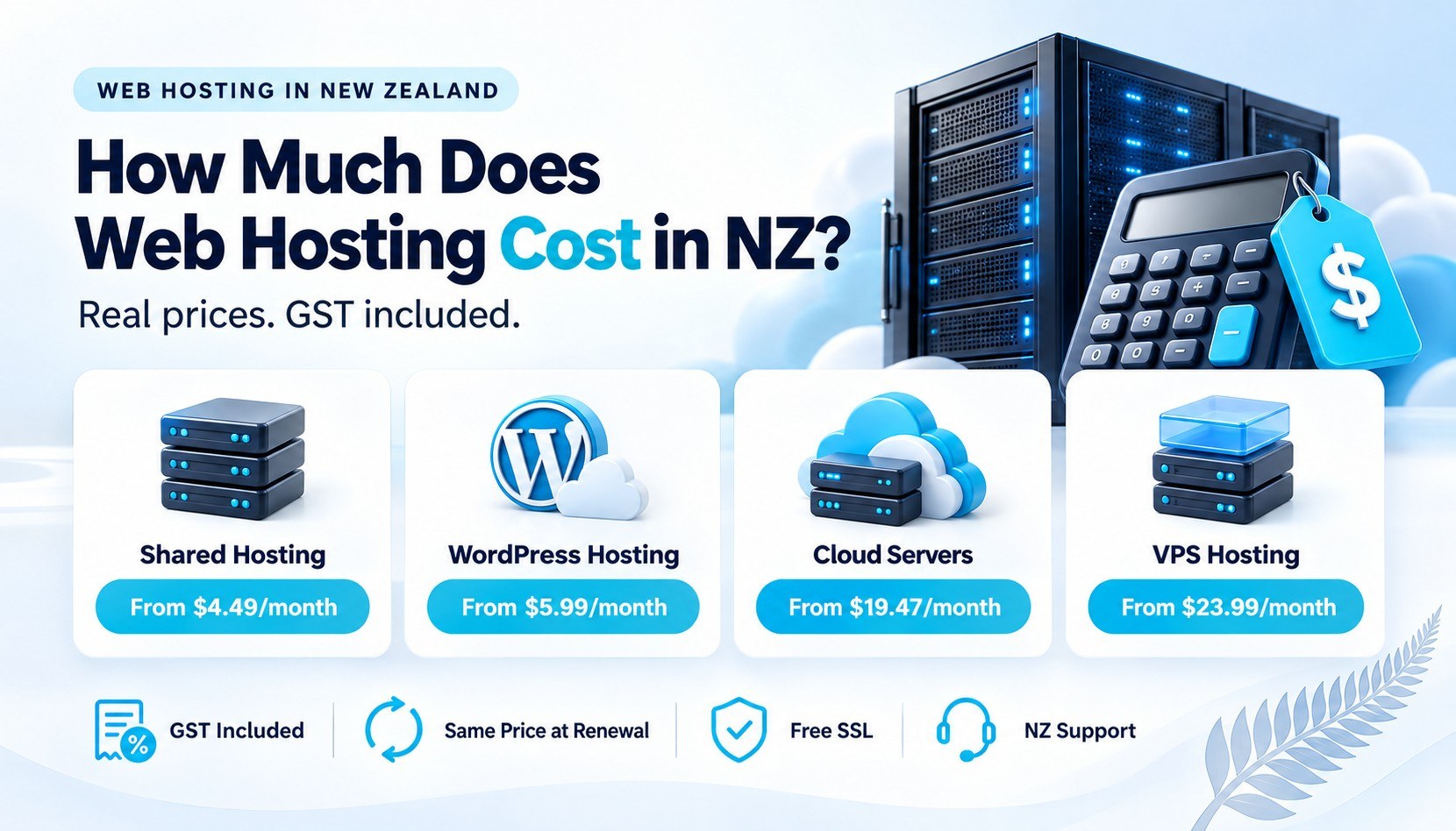 Web hosting costs in New Zealand: shared, WordPress, cloud and VPS plan prices including GST